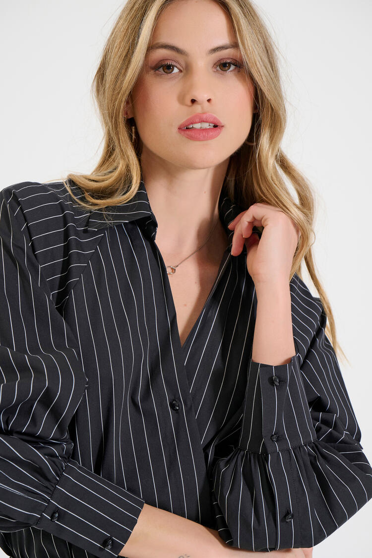 Striped Cotton Bodysuit Shirt with Long Sleeves - Black M/L