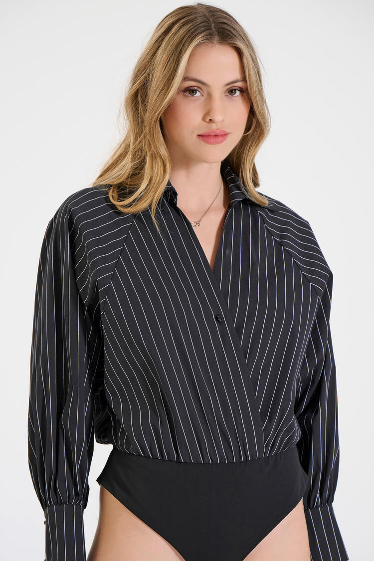 Striped Cotton Bodysuit Shirt with Long Sleeves - Black M/L