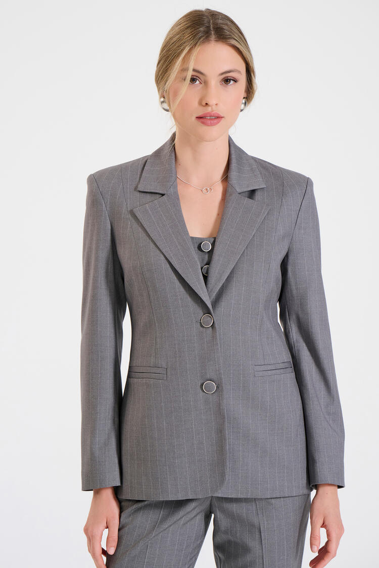 Pinstripe Blazer with Buttons - ΓΚΡΙ XL
