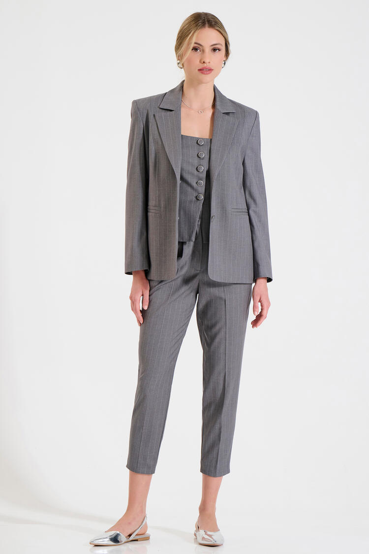Pinstripe Blazer with Buttons - ΓΚΡΙ XL