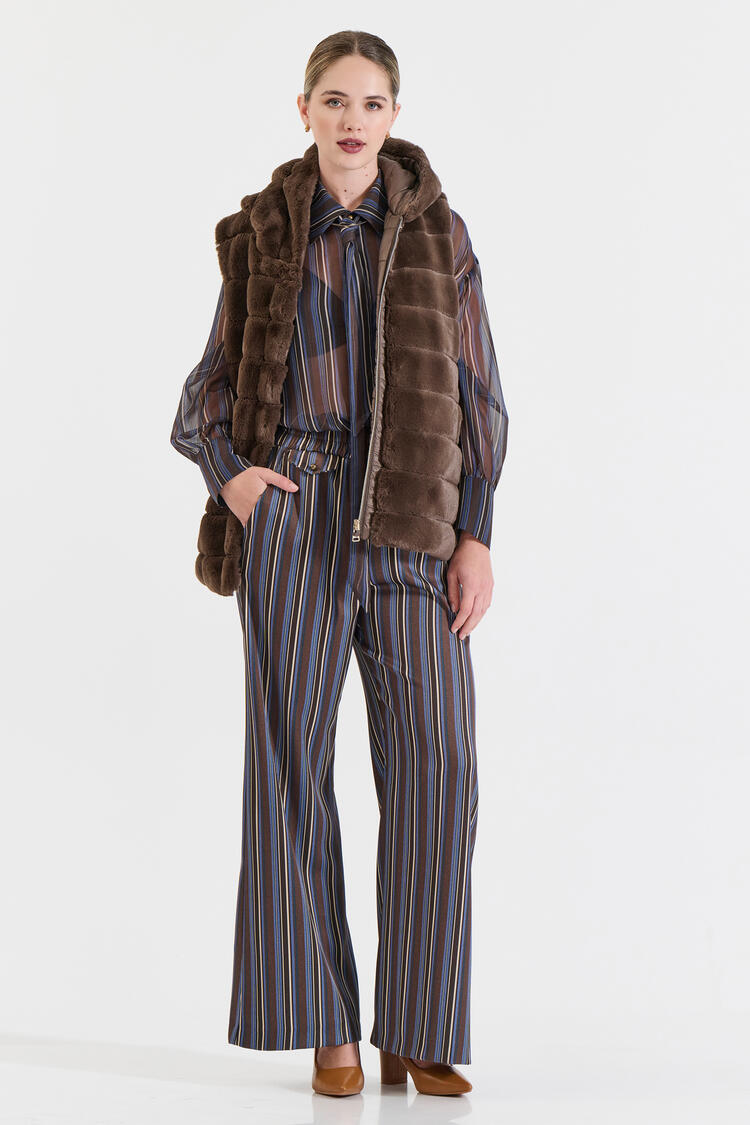 Striped Wide-Leg Pants with Elastic Waist - Brown L Striped Wide-Leg Pants with Elastic Waist - Brown L