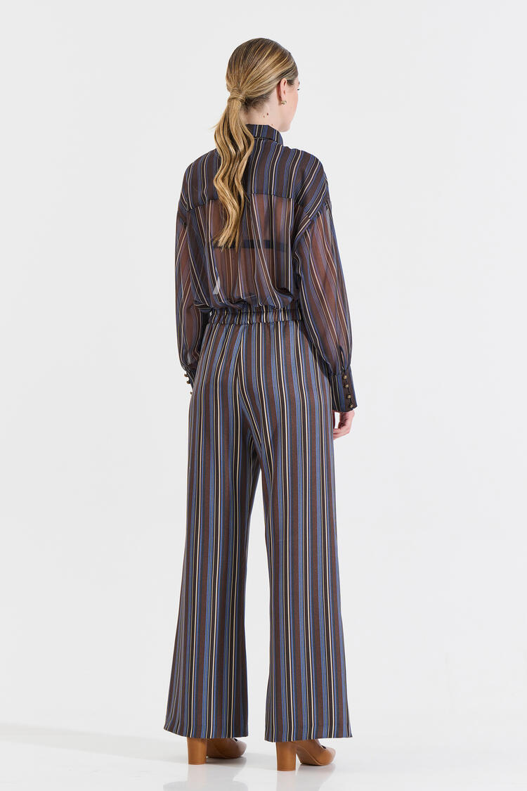 Striped Wide-Leg Pants with Elastic Waist - Brown L Striped Wide-Leg Pants with Elastic Waist - Brown L