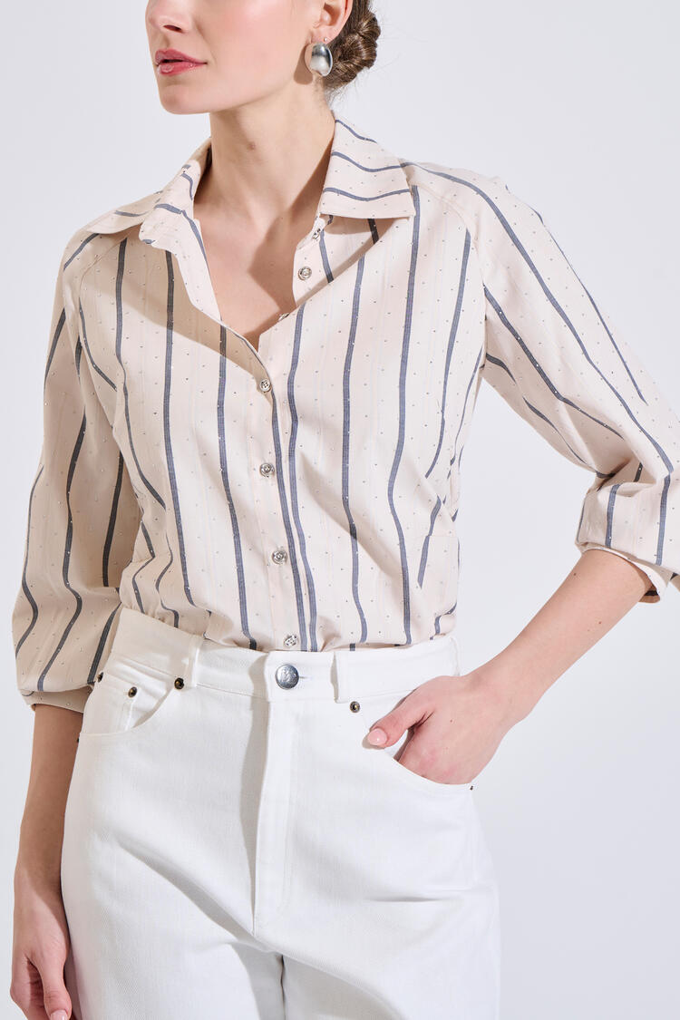Striped shirt with cotton, rhinestone details and metal buttons - Beige M