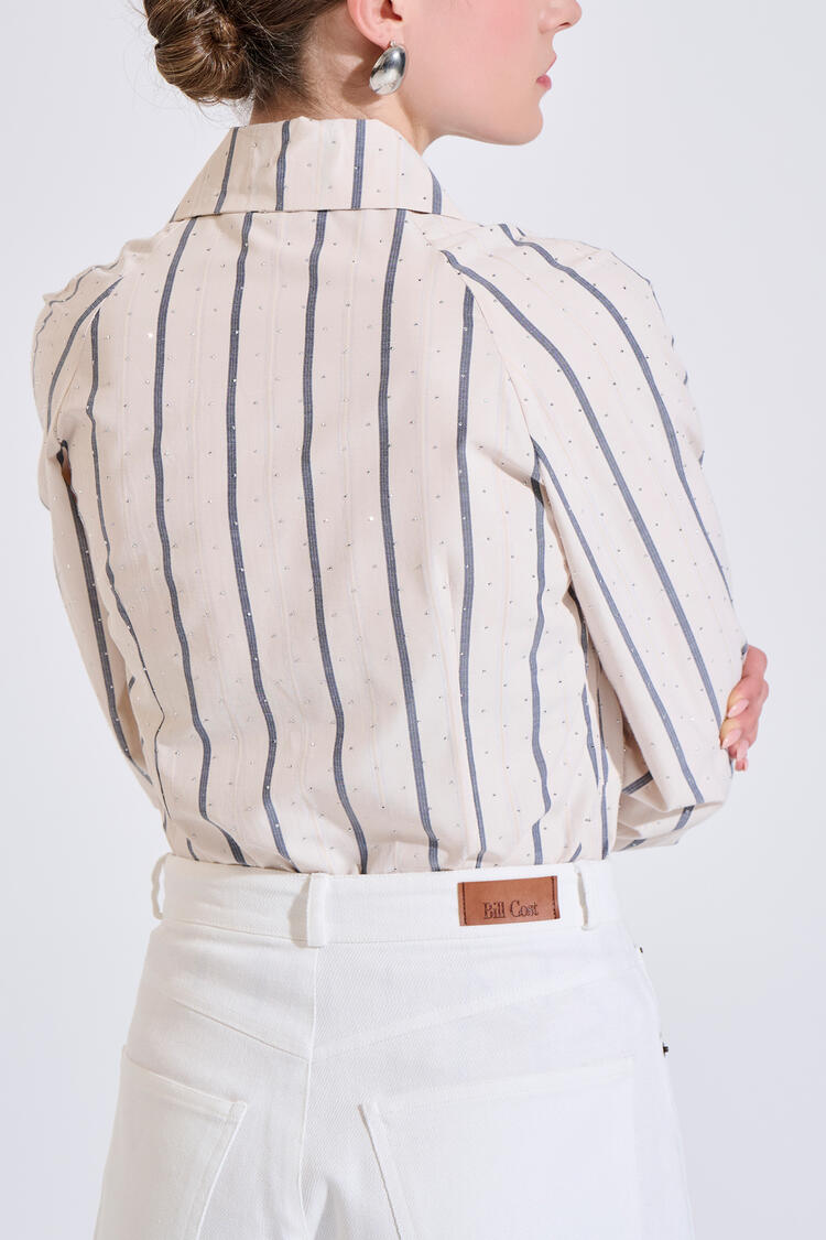 Striped shirt with cotton, rhinestone details and metal buttons - Beige M