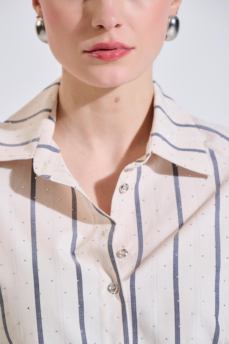 Striped shirt with cotton, rhinestone details and metal buttons - Beige M