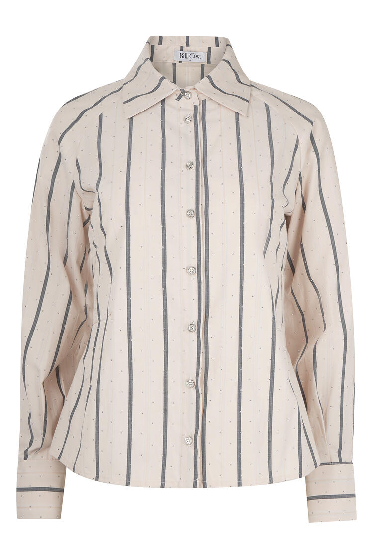 Striped shirt with cotton, rhinestone details and metal buttons - Beige XL