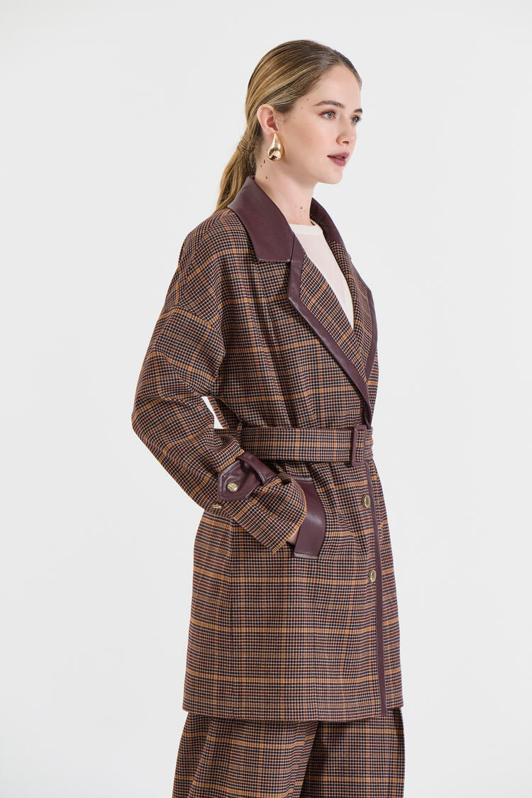 Checked Coat with Leatherette Details - Brown M/L Checked Coat with Leatherette Details - Brown M/L
