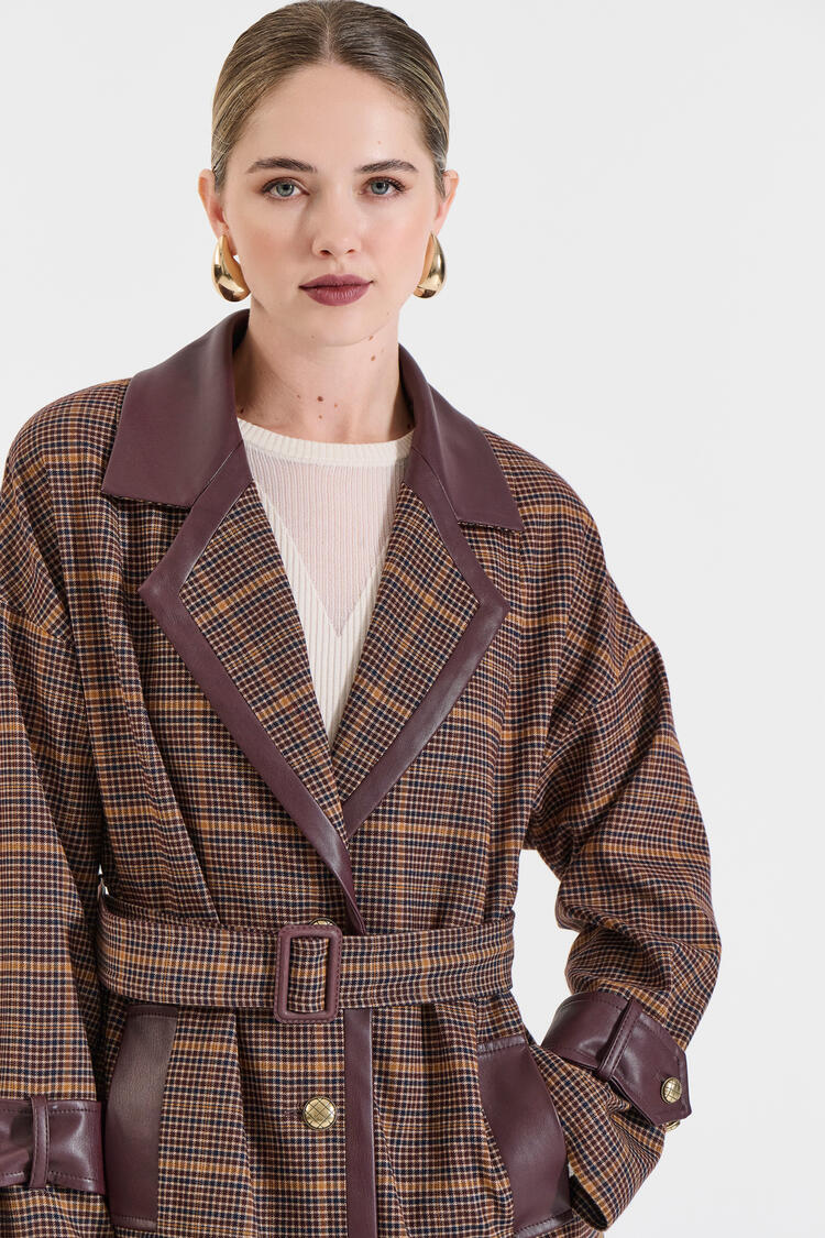 Checked Coat with Leatherette Details - Brown M/L Checked Coat with Leatherette Details - Brown M/L