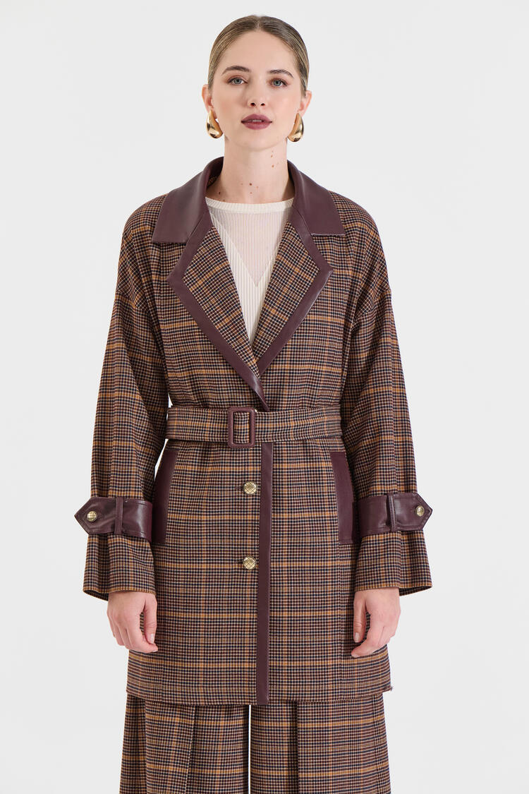 Checked Coat with Leatherette Details - Brown M/L Checked Coat with Leatherette Details - Brown M/L