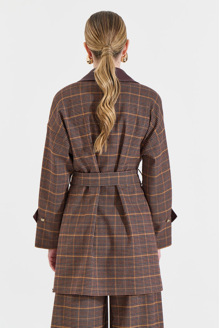 Checked Coat with Leatherette Details - Brown M/L Checked Coat with Leatherette Details - Brown M/L