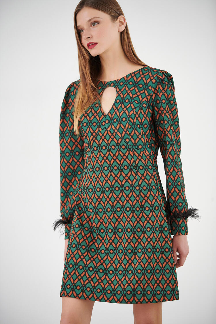 Printed dress with feathers - GREEN S