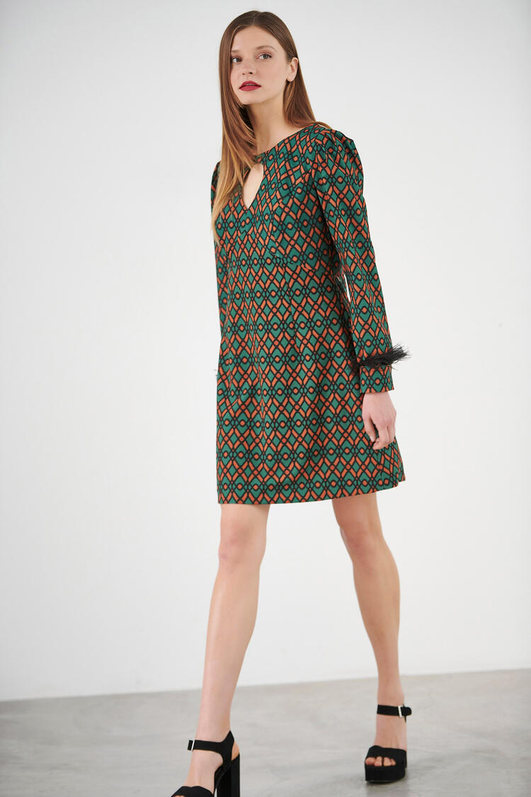 Printed dress with feathers - GREEN S
