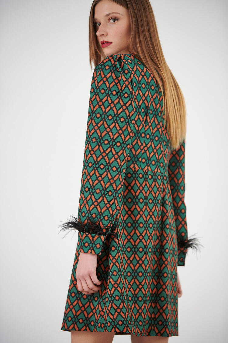 Printed dress with feathers - GREEN S