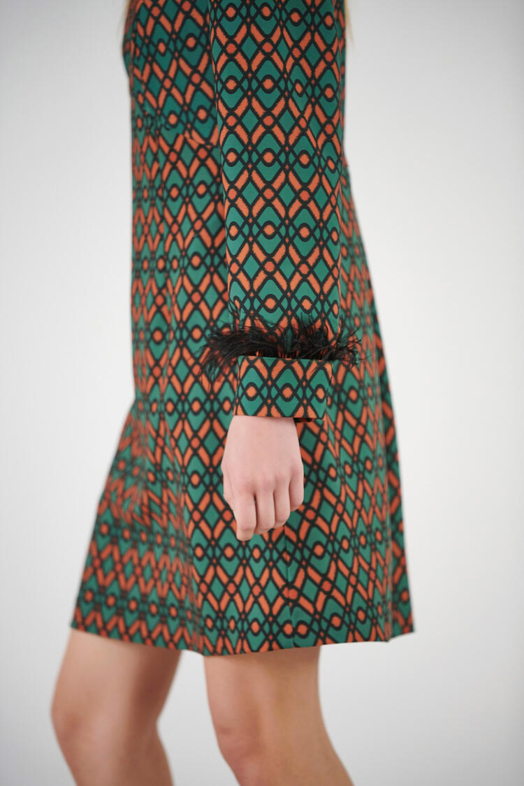 Printed dress with feathers - GREEN S