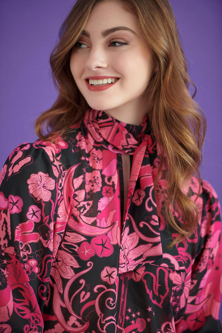 Printed blouse with scarf - Fuchsia S