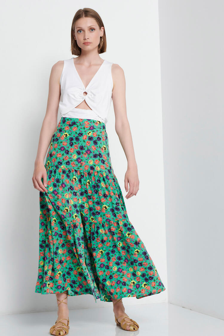 Printed skirt with slit in front - GREEN S