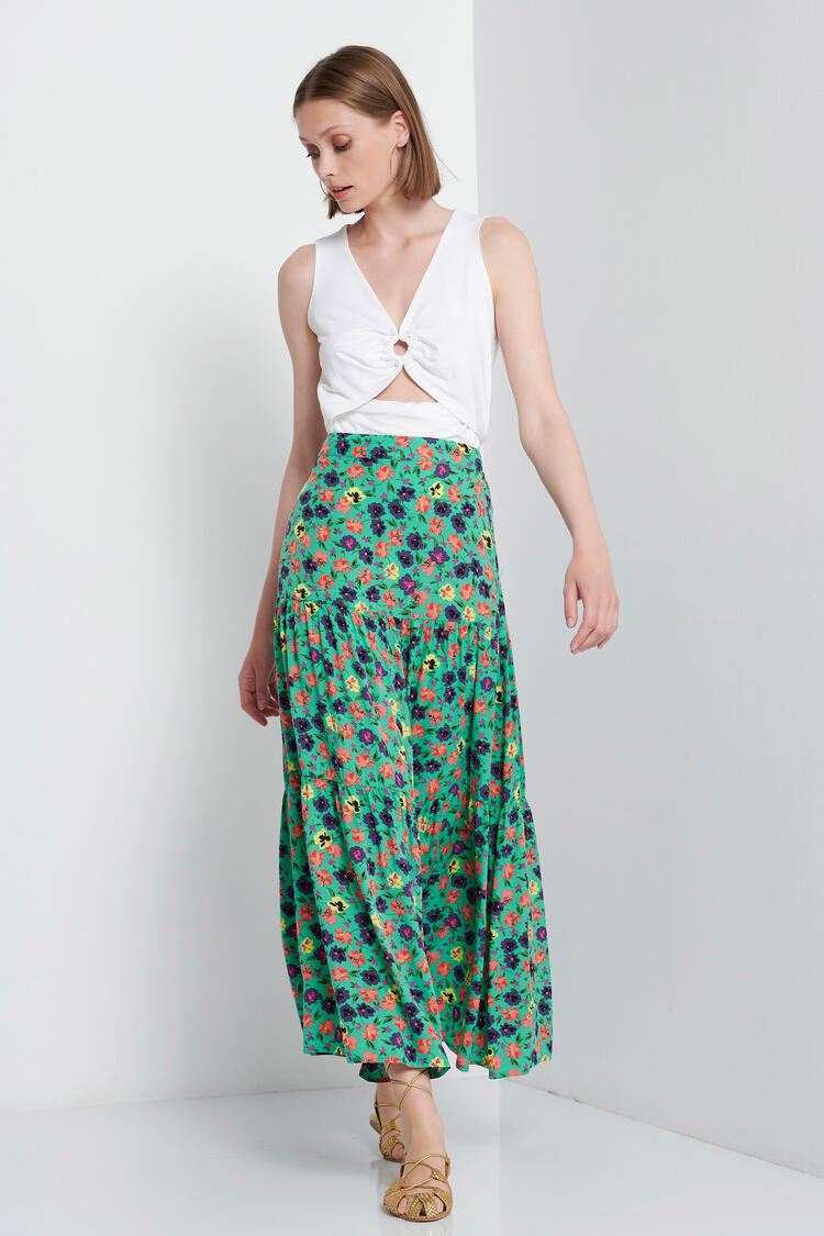 Printed skirt with slit in front - GREEN S