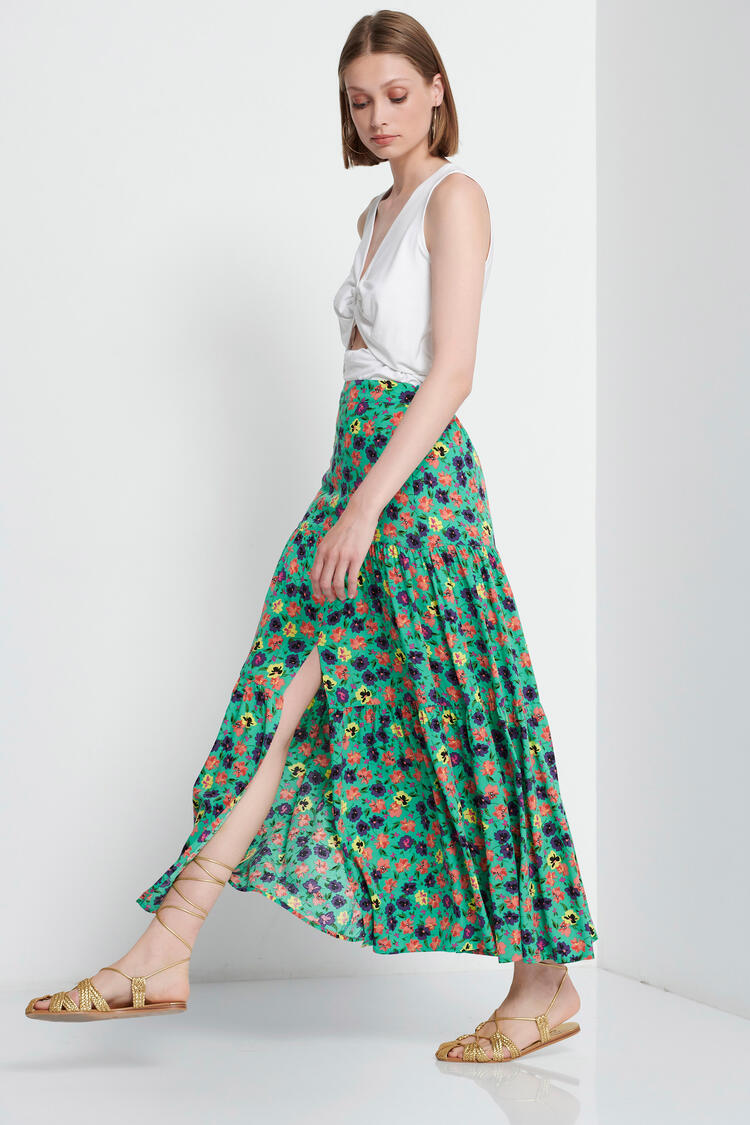 Printed skirt with slit in front - GREEN S