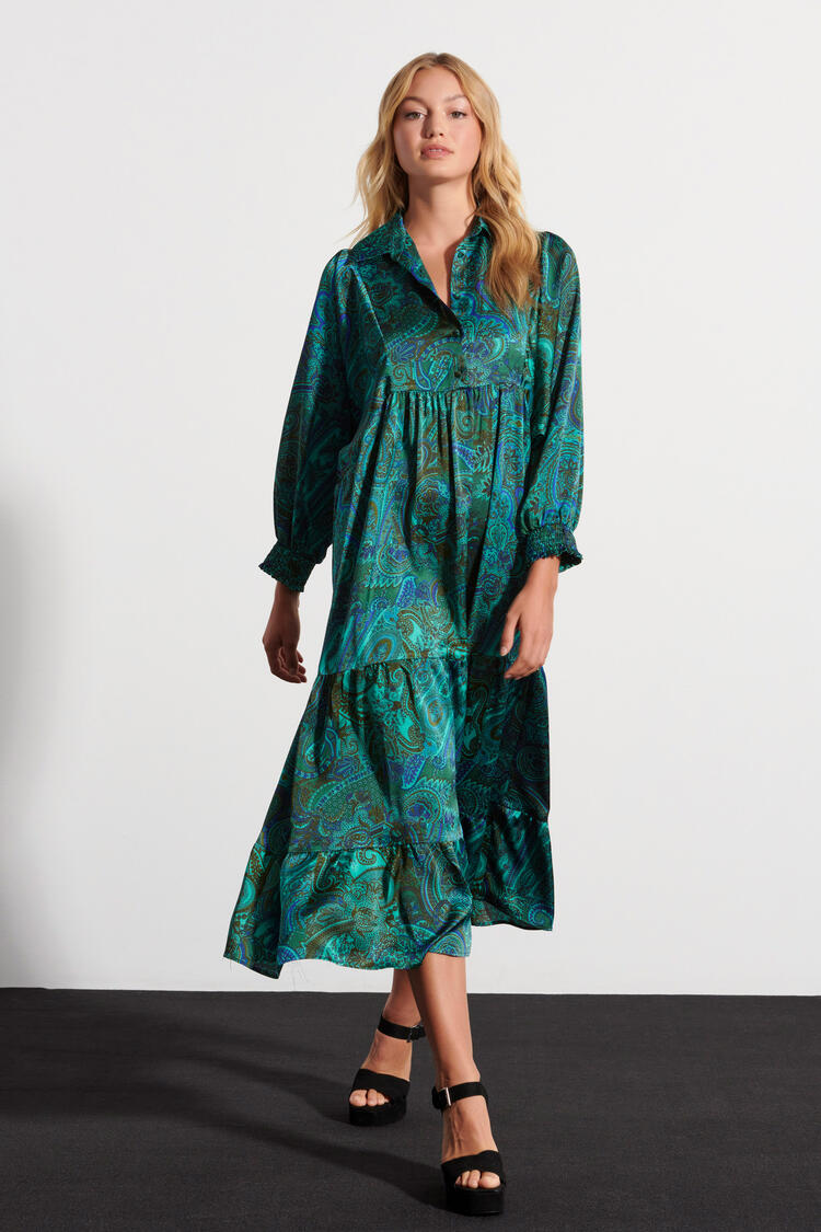 Satin look dress with printed pattern - GREEN S/M