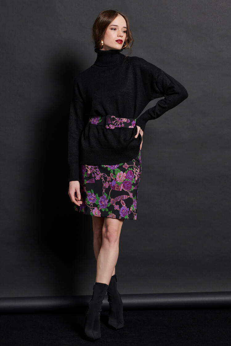 Mini skirt with floral pattern and belt - Black S