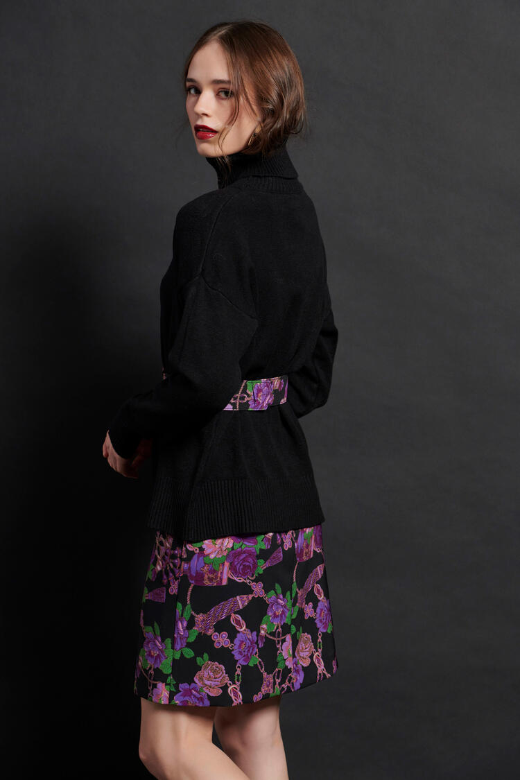 Mini skirt with floral pattern and belt - Black S