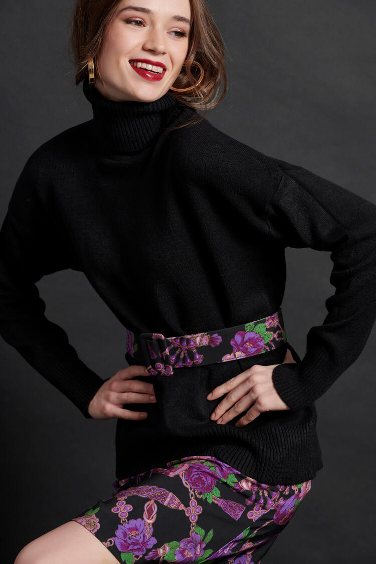 Mini skirt with floral pattern and belt - Black S