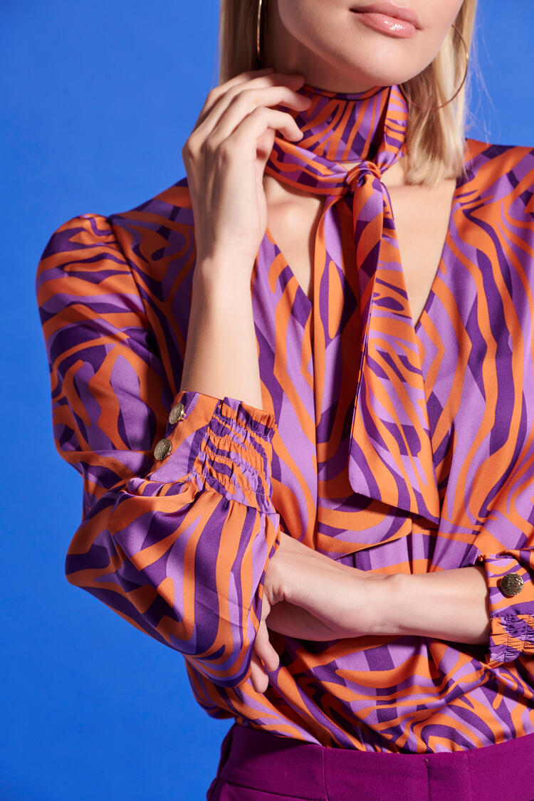 Satin look blouse with detachable scarf - Purple S