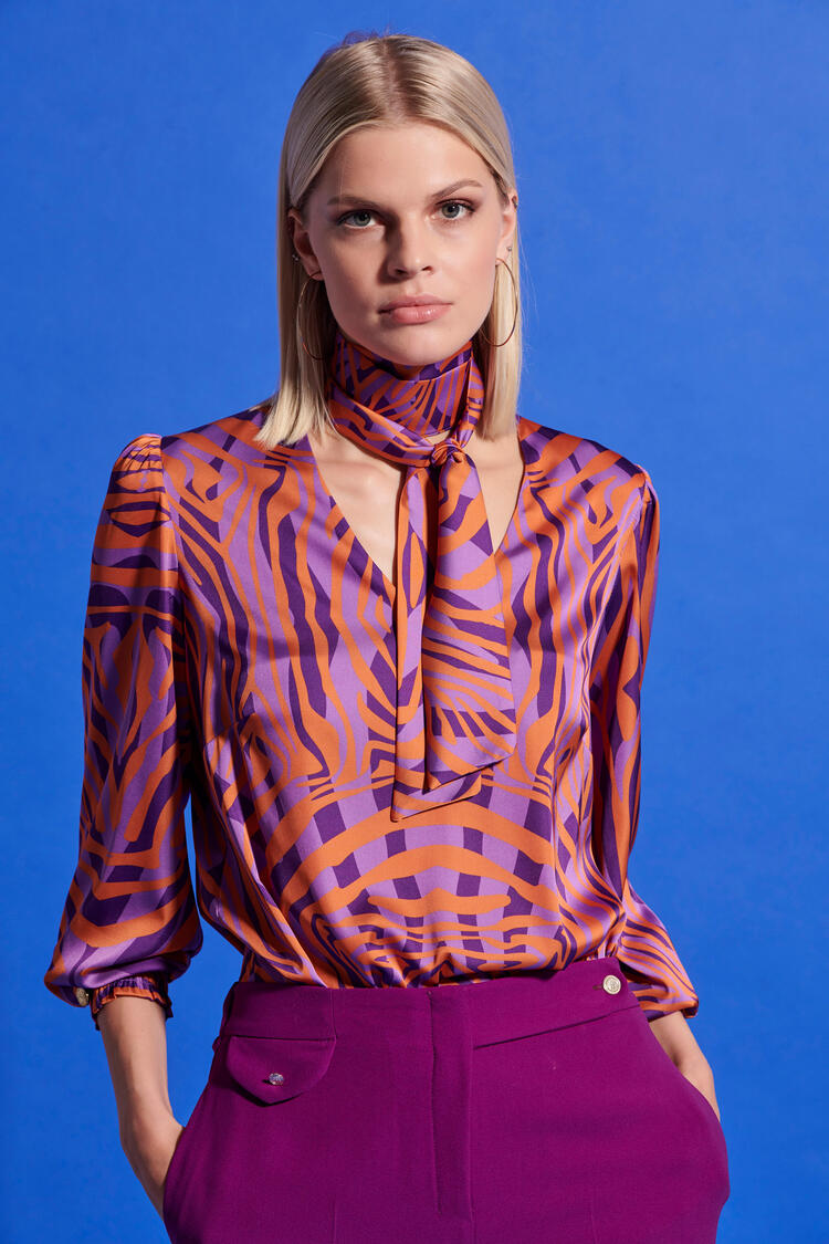 Satin look blouse with detachable scarf - Purple S