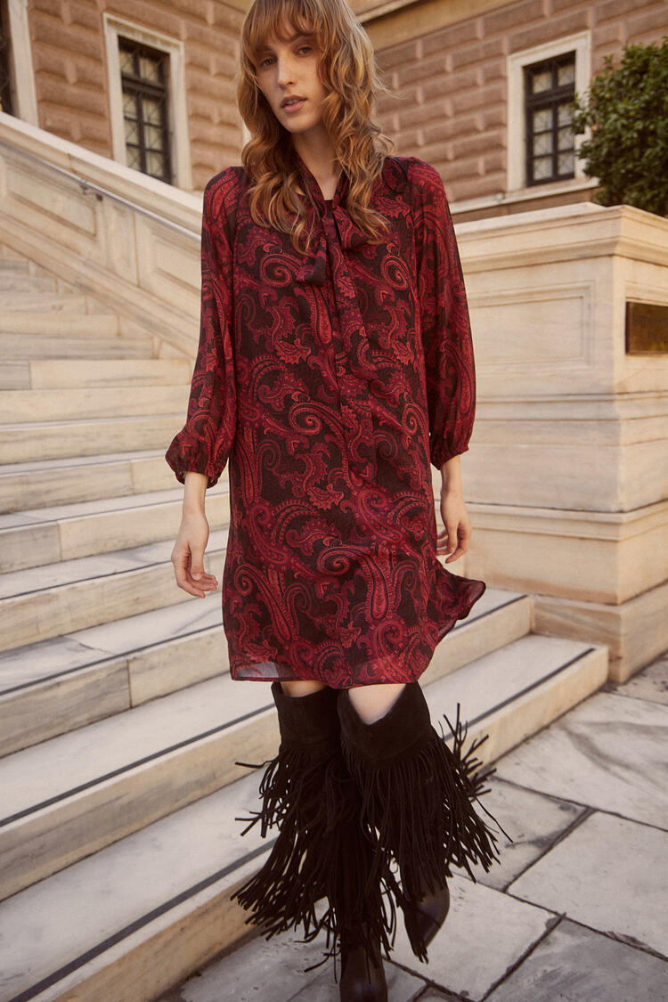 Dress with balloon sleeve and belt - Red L