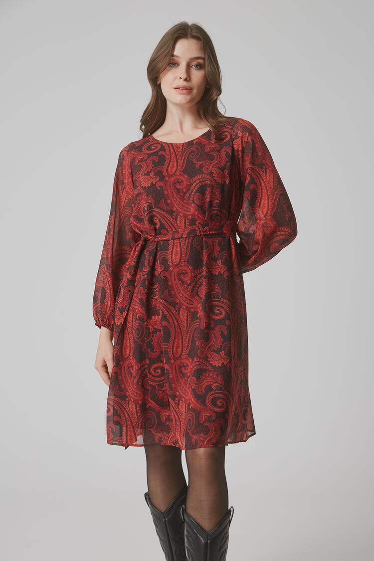 Dress with balloon sleeve and belt - Red L