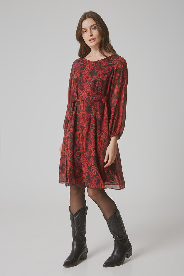 Dress with balloon sleeve and belt - Red L