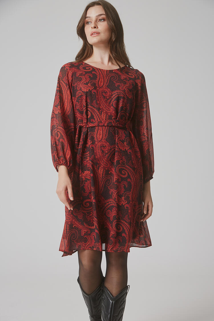 Dress with balloon sleeve and belt - Red L