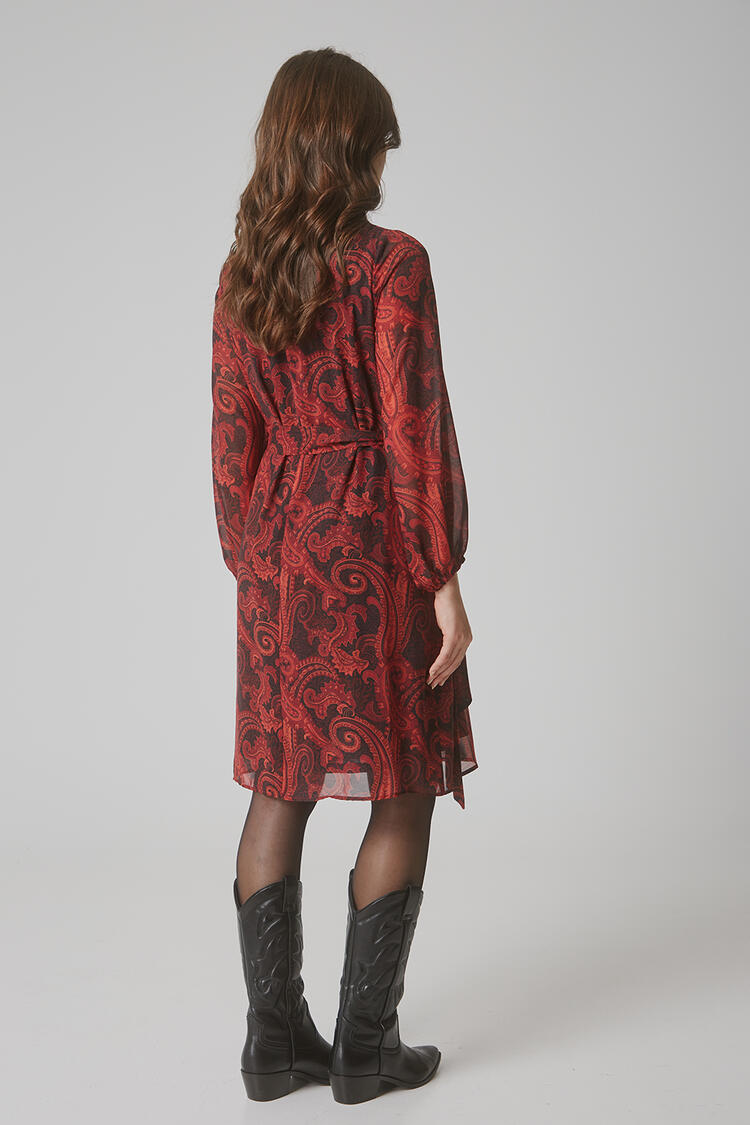 Dress with balloon sleeve and belt - Red L