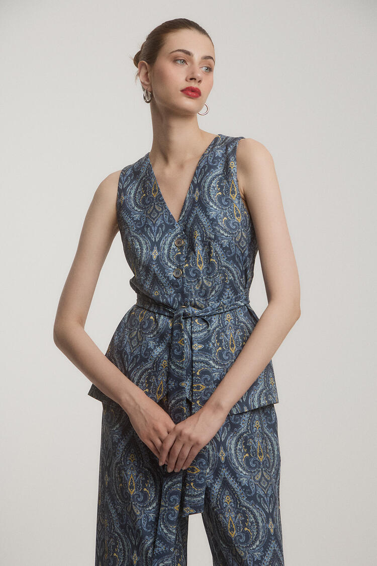 Printed vest with scarf - Blue S