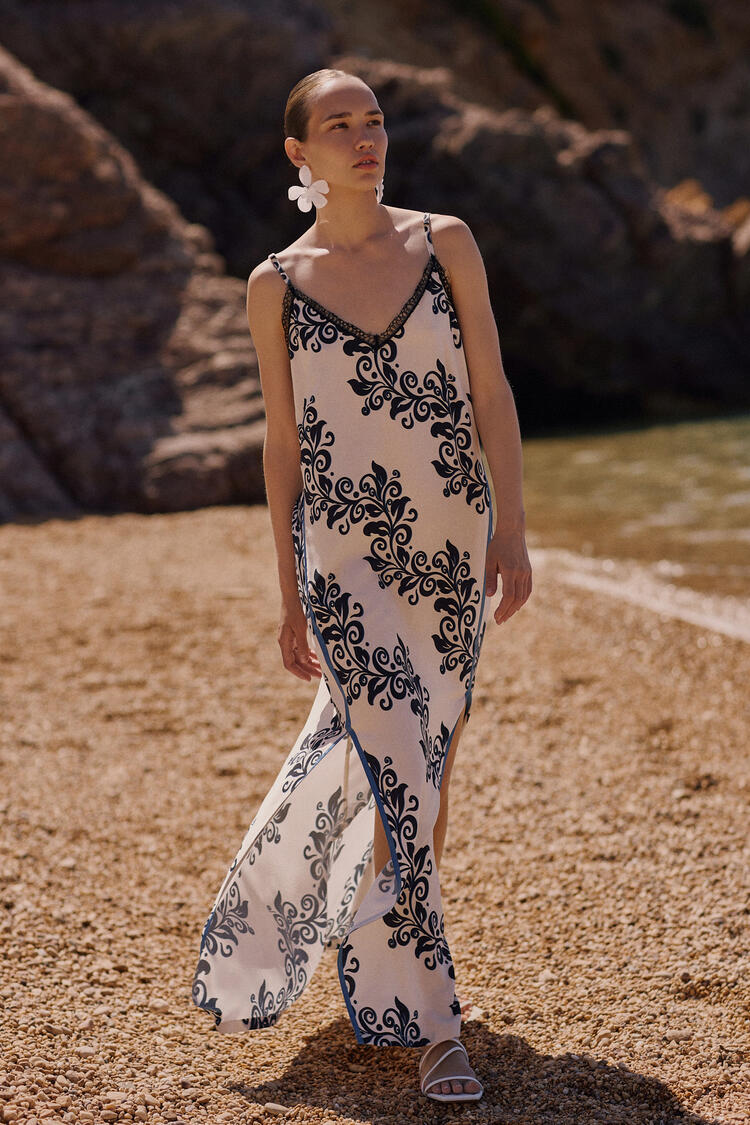 Printed dress with opening - Beige S