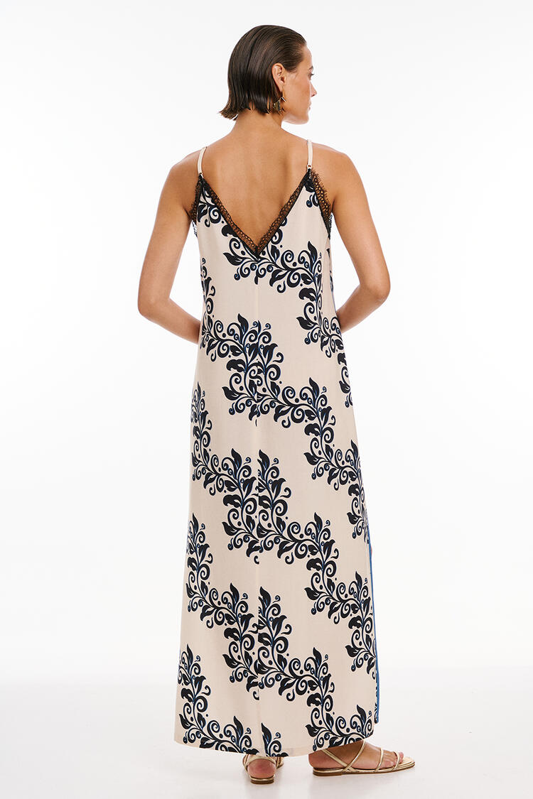 Printed dress with opening - Beige S