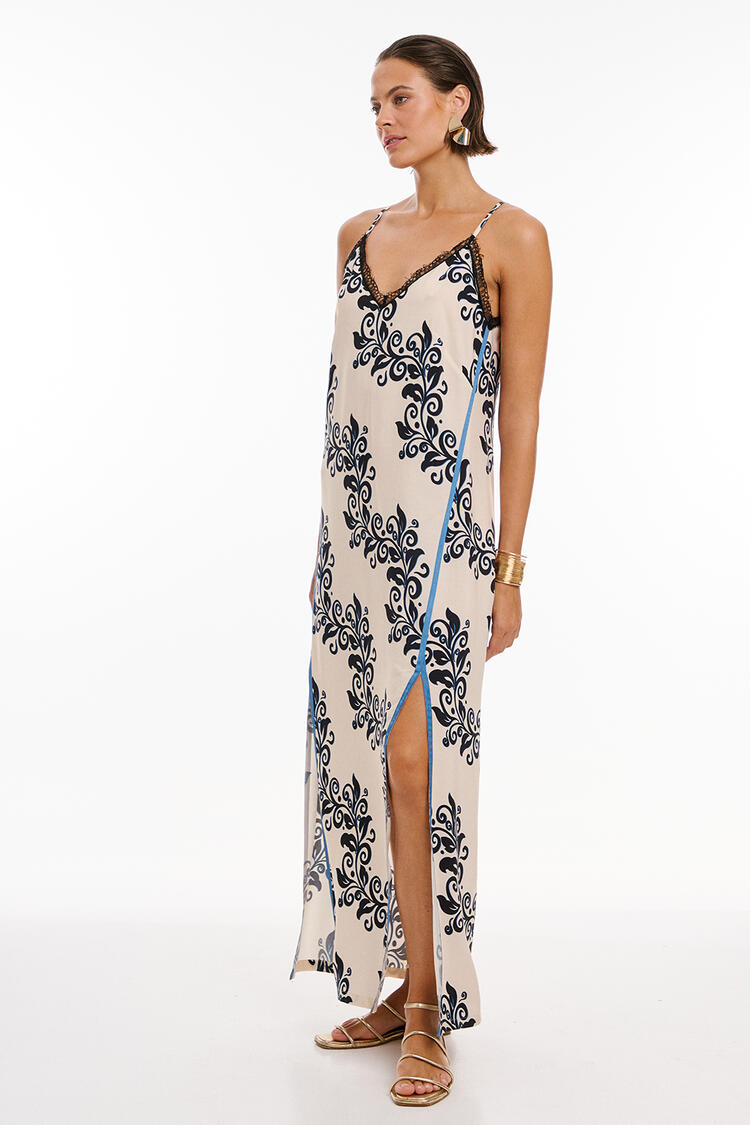 Printed dress with opening - Beige S