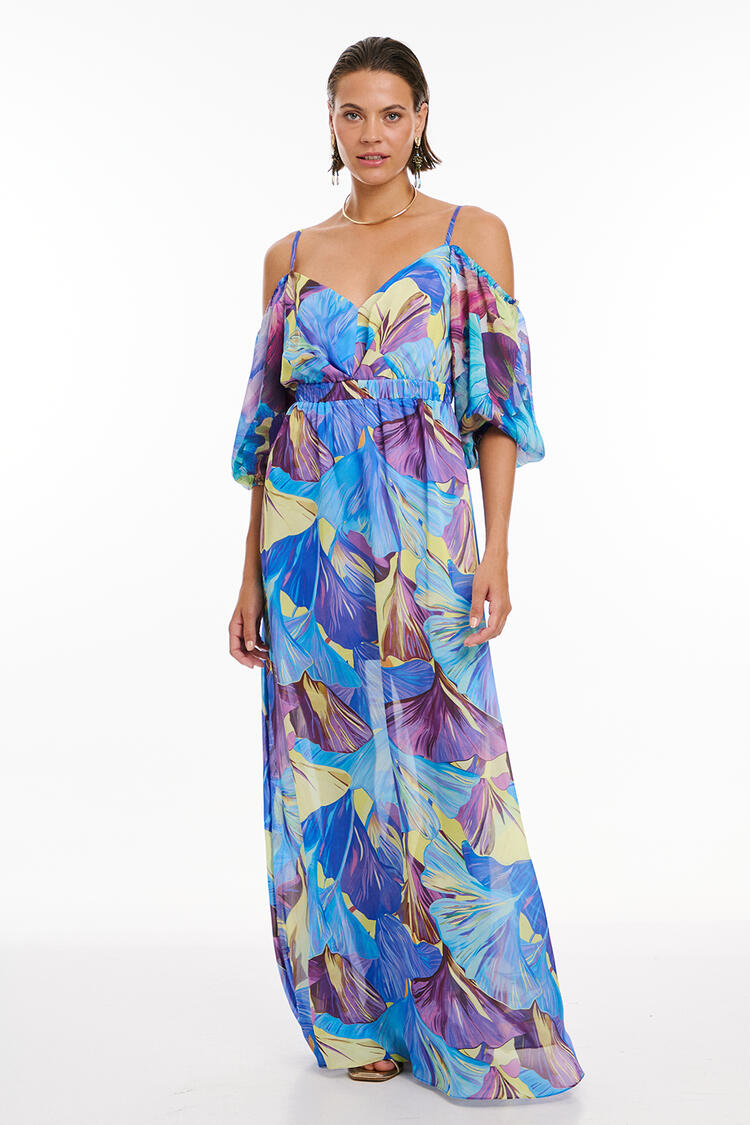 Floral dress with open shoulders - Electric Blue S