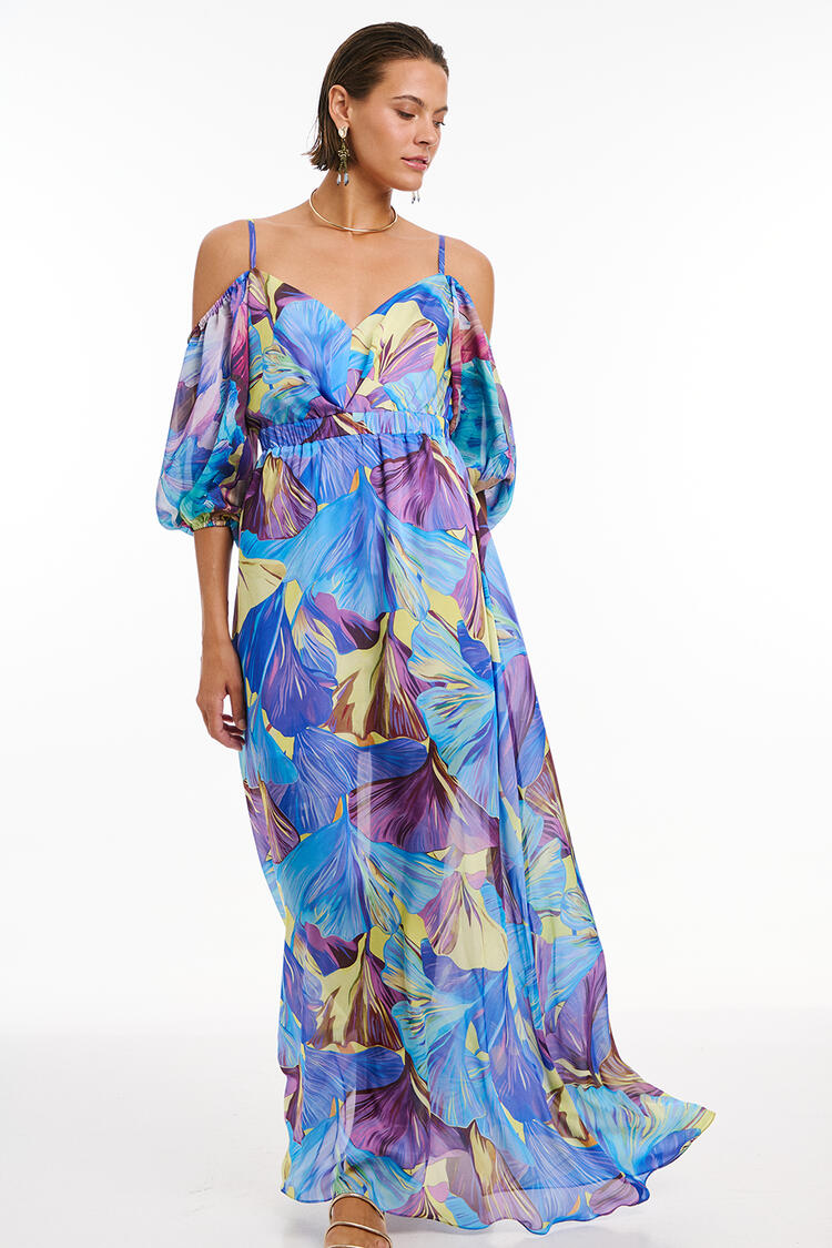 Floral dress with open shoulders - Electric Blue S