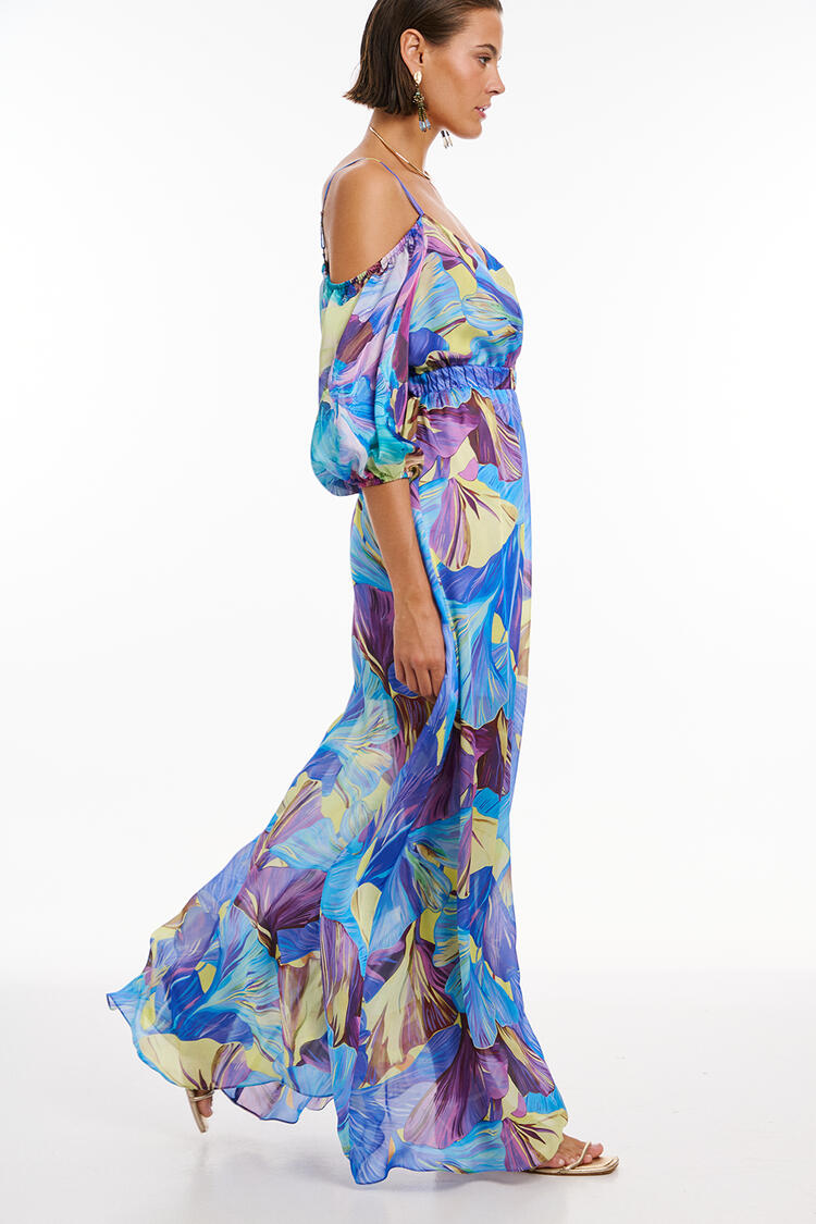 Floral dress with open shoulders - Electric Blue S