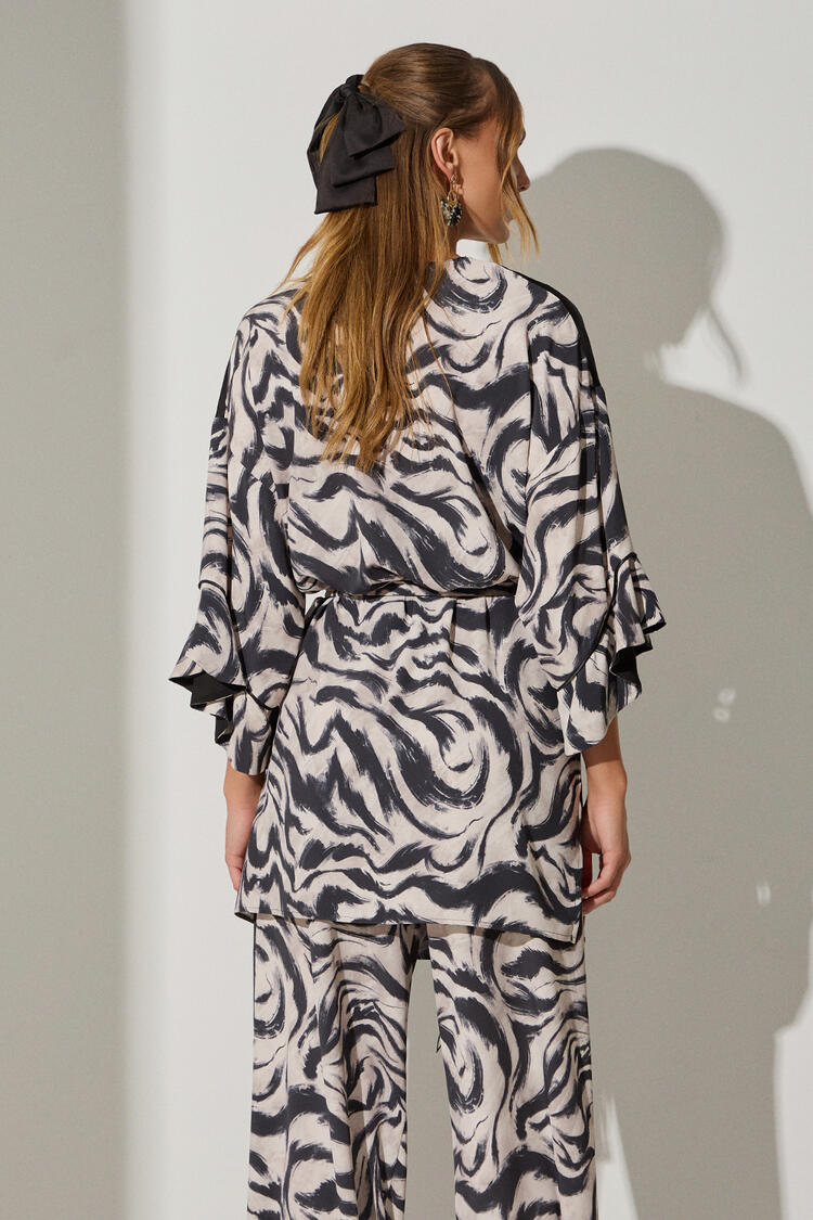 Printed kimono with belt - Black S/M