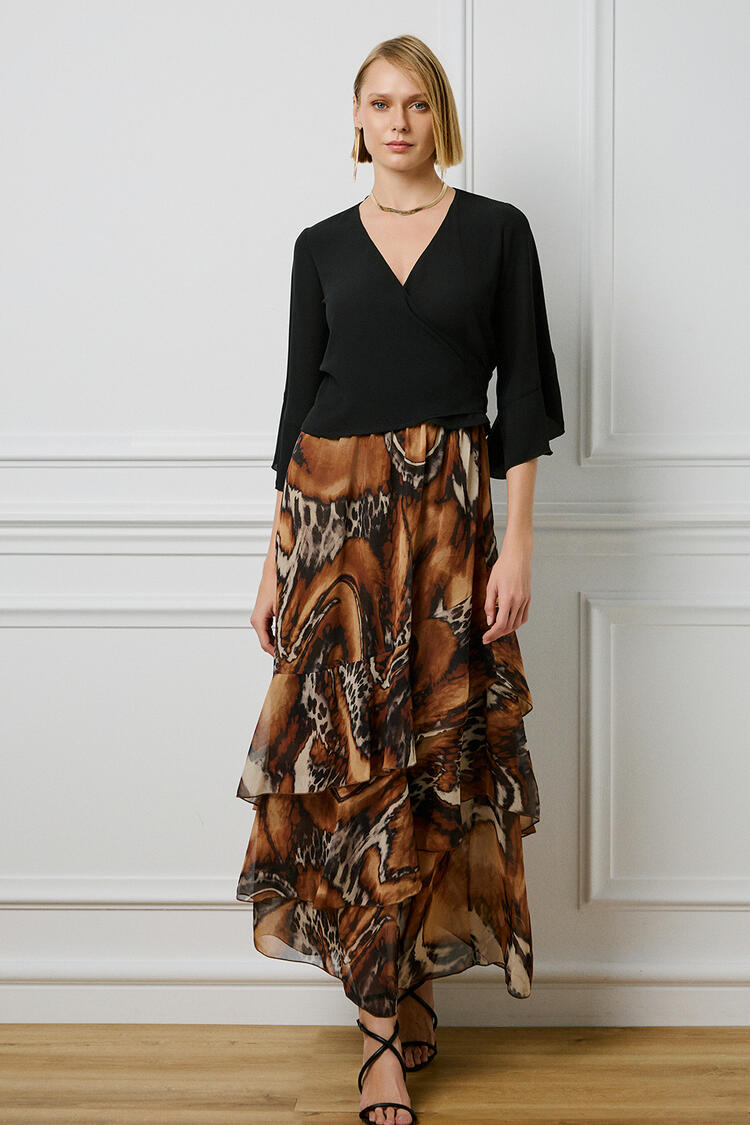 Skirt with ruffled animal print - Brown S/M