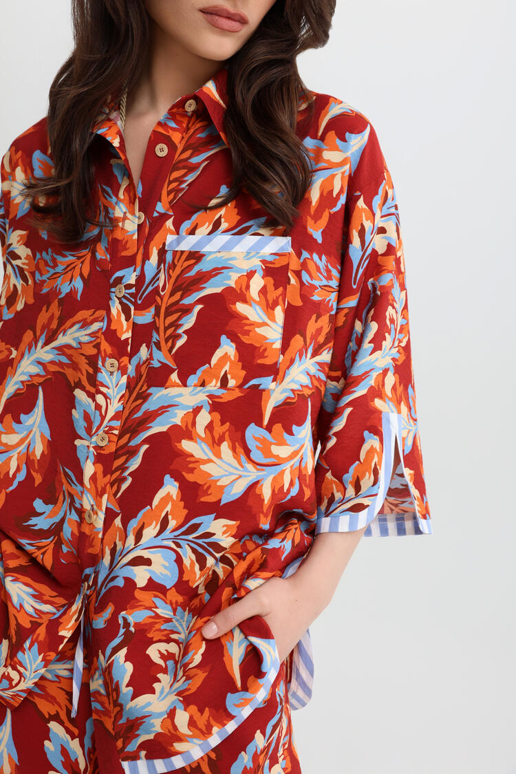 Printed Oversized Shirt - Brown S/M