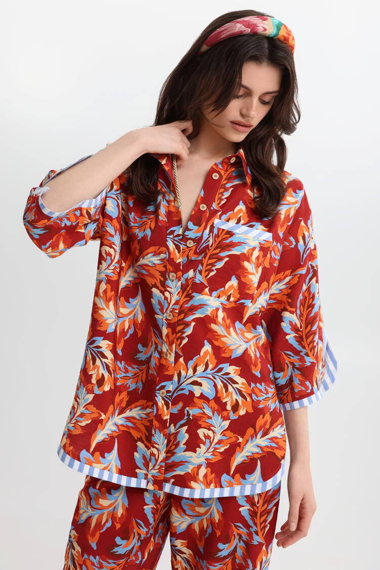 Printed Oversized Shirt - Brown S/M
