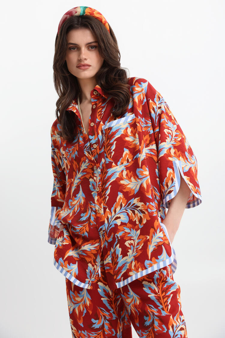 Printed Oversized Shirt - Brown S/M