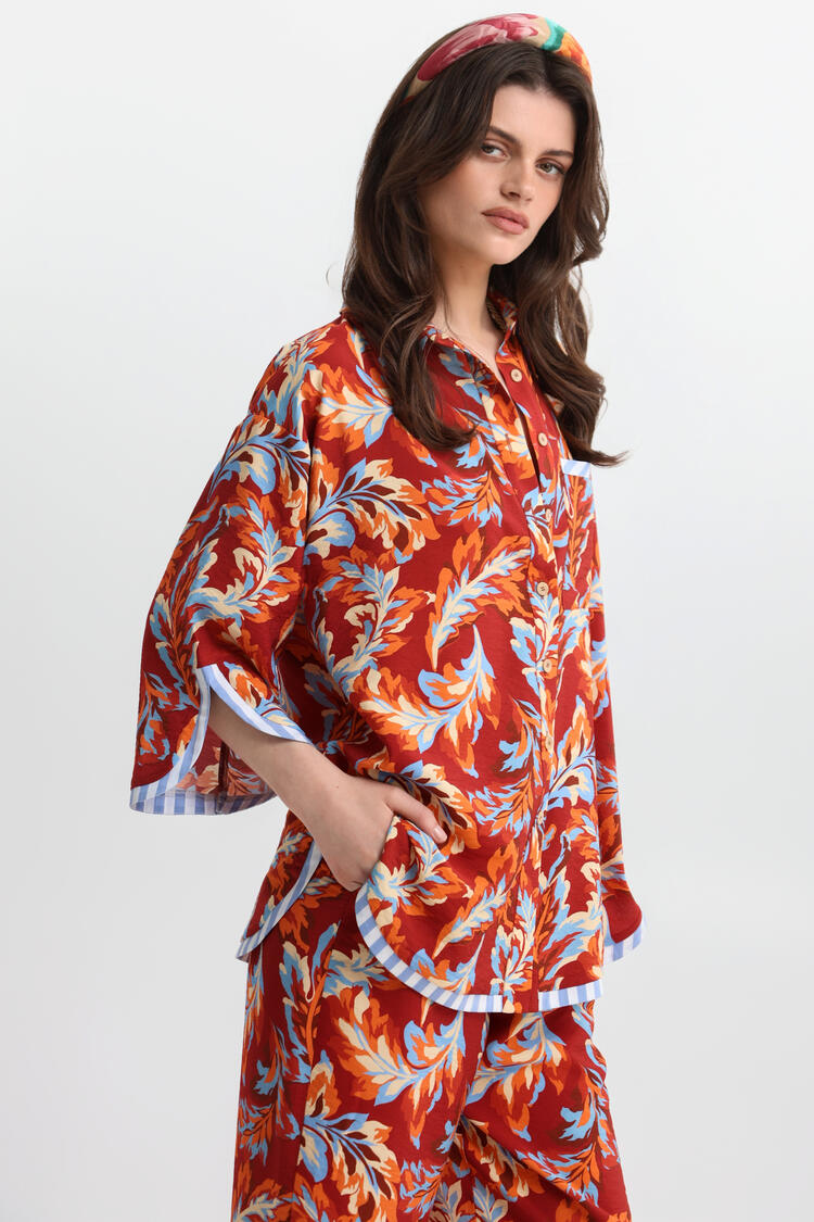 Printed Oversized Shirt - Brown S/M