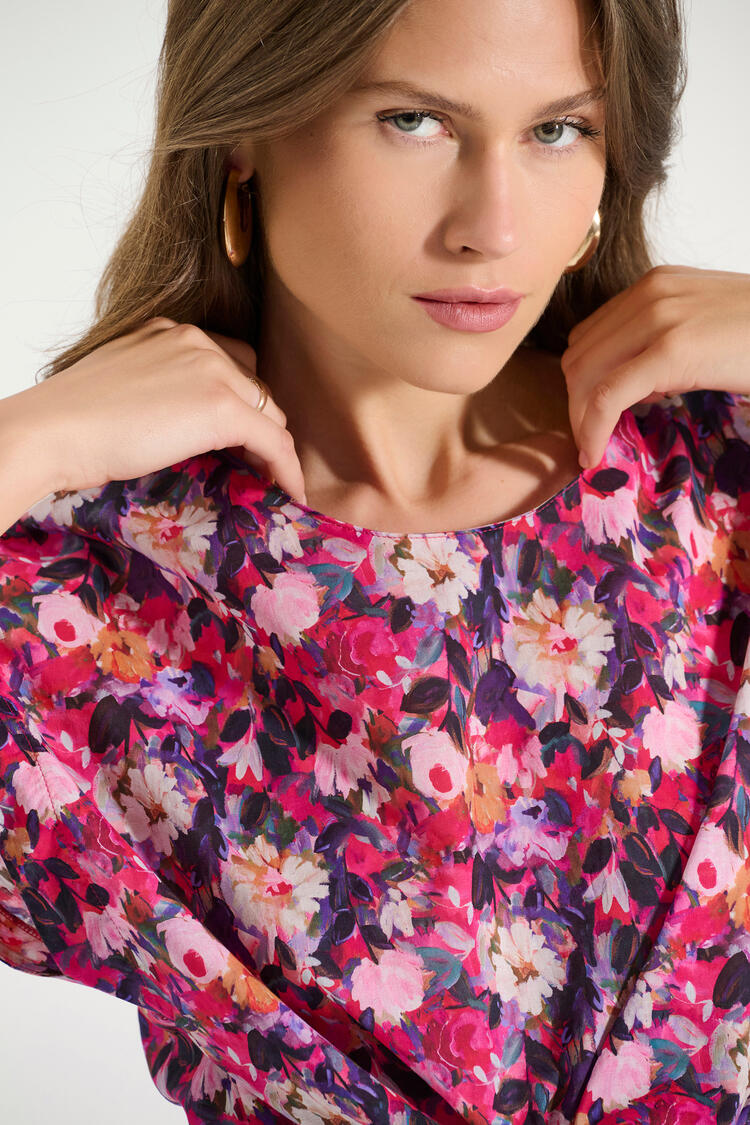 Cotton printed blouse with round neckline - Fuchsia S