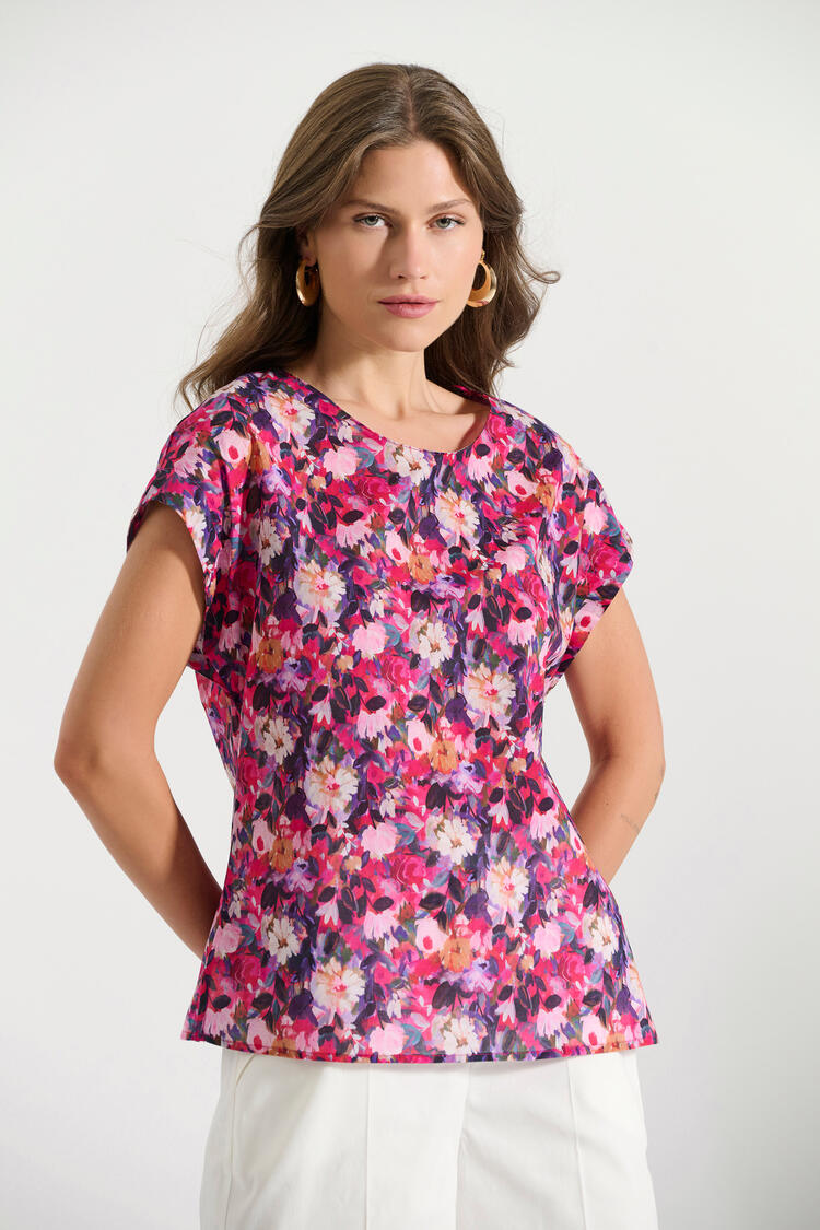 Cotton printed blouse with round neckline - Fuchsia S