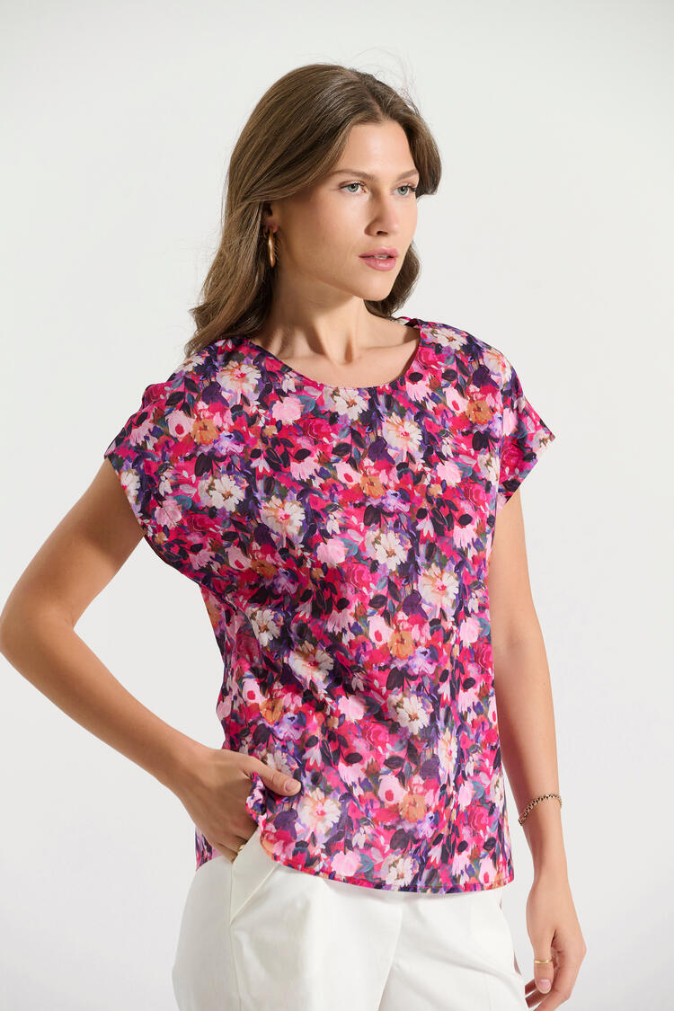 Cotton printed blouse with round neckline - Fuchsia S