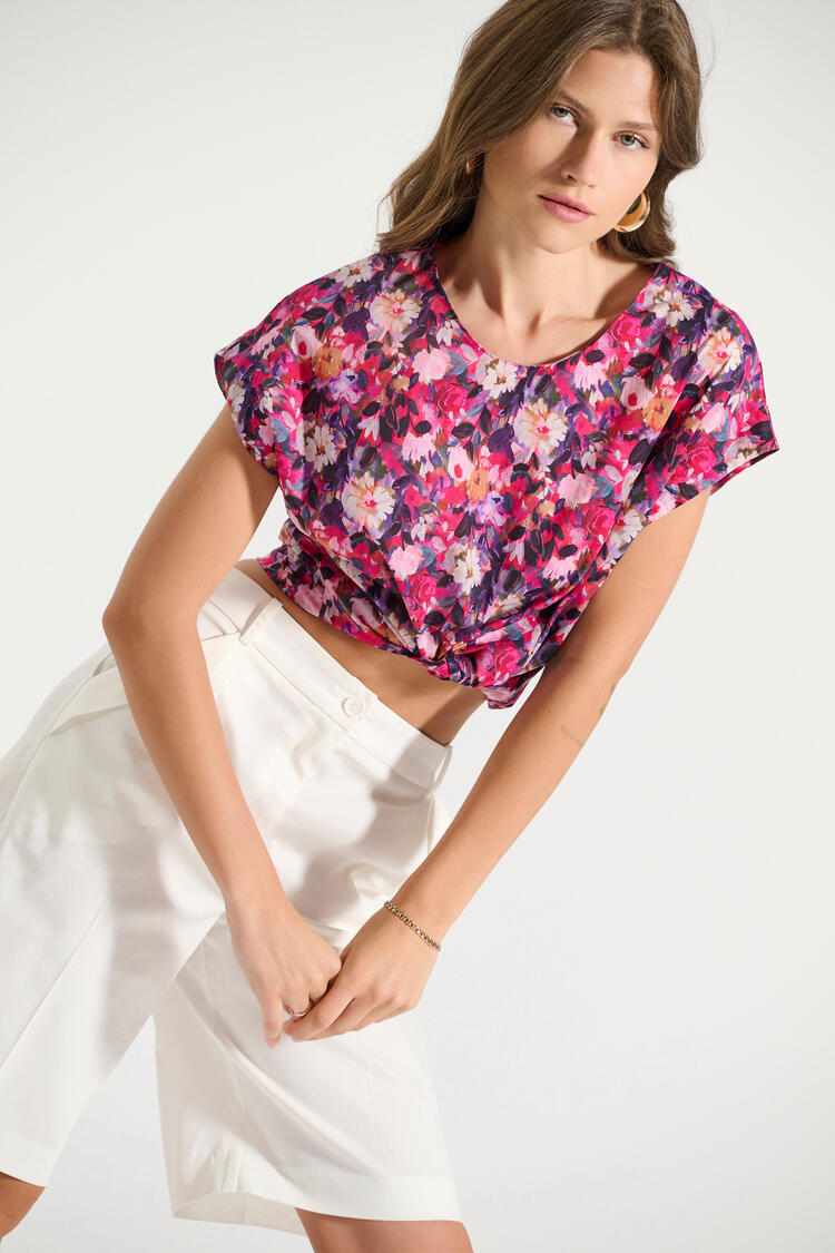 Cotton printed blouse with round neckline - Fuchsia S